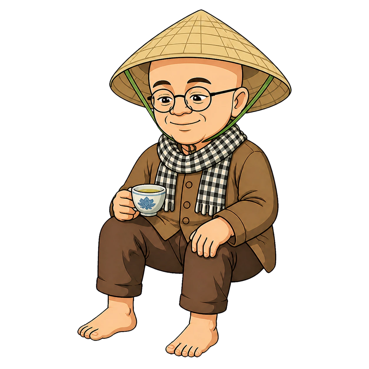 Nhân vật ngồi nâng cốc và uống trà