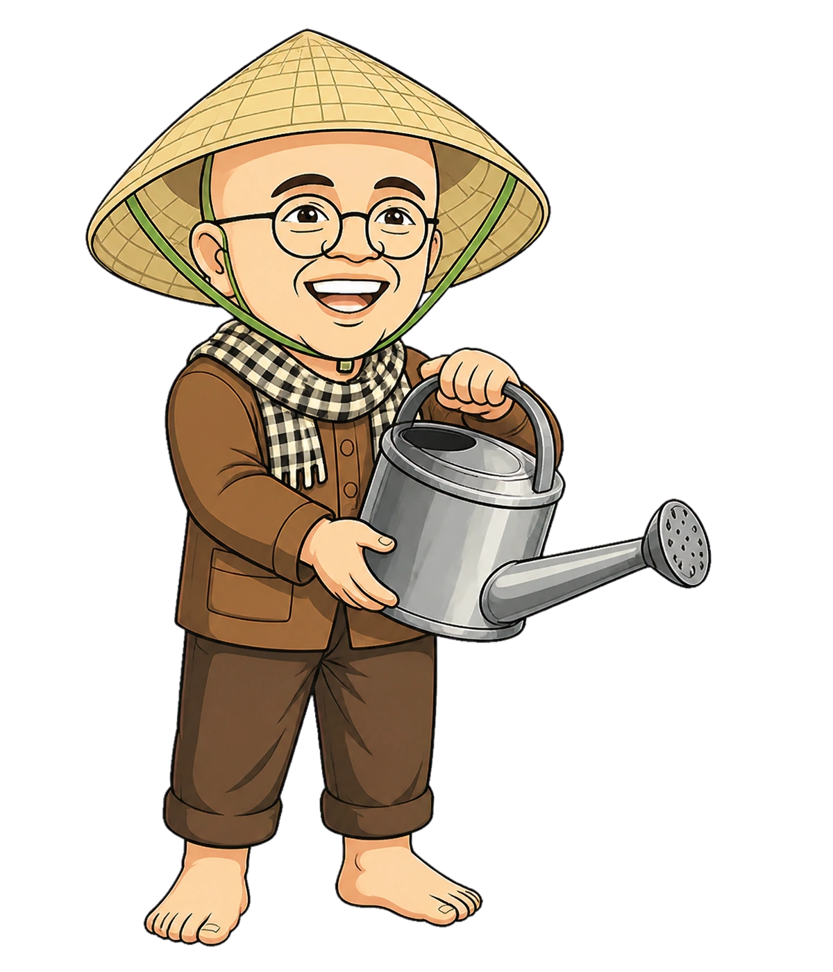 Nhân vật đội nón lá đang tưới cây